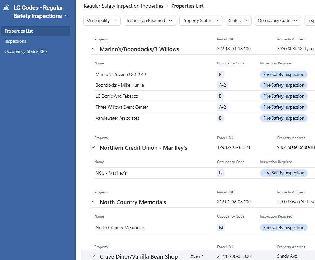 Custom Airtable inspection application showing the properties list grouped by property, with occupancy names, occupancy codes, parcel IDs, and fire safety inspection requirements